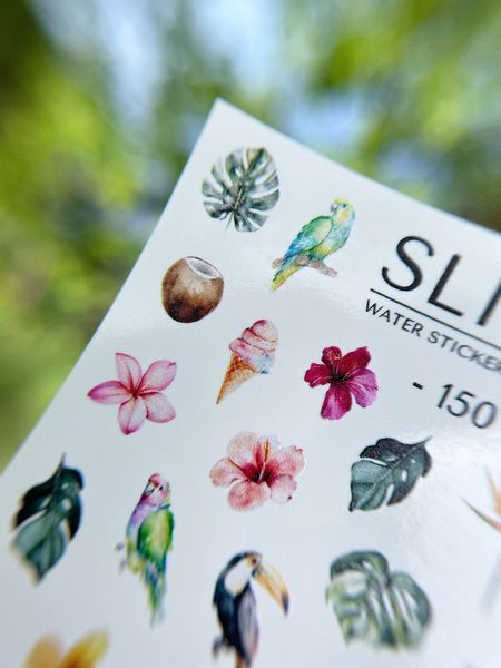 Slider design SLIDIZ decal on any background, with white backing, tropical flowers, leaves, birds